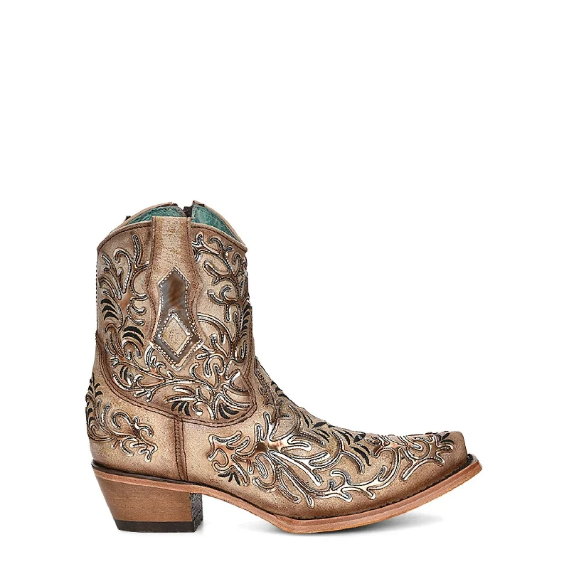 Men's Odor-Resistant Boots Corral Womens C4007 Bone/Gold Leather Mirror Overlay Ankle Boots
