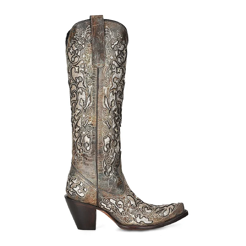Men's Soft Shoes Corral Womens Floral Overlay Tall Studs Silver Cowhide 16.5in Cowboy Boots Men's Soft Shoes Corral Womens Floral Overlay Tall Studs Silver Cowhide 16.5in Cowboy Boots