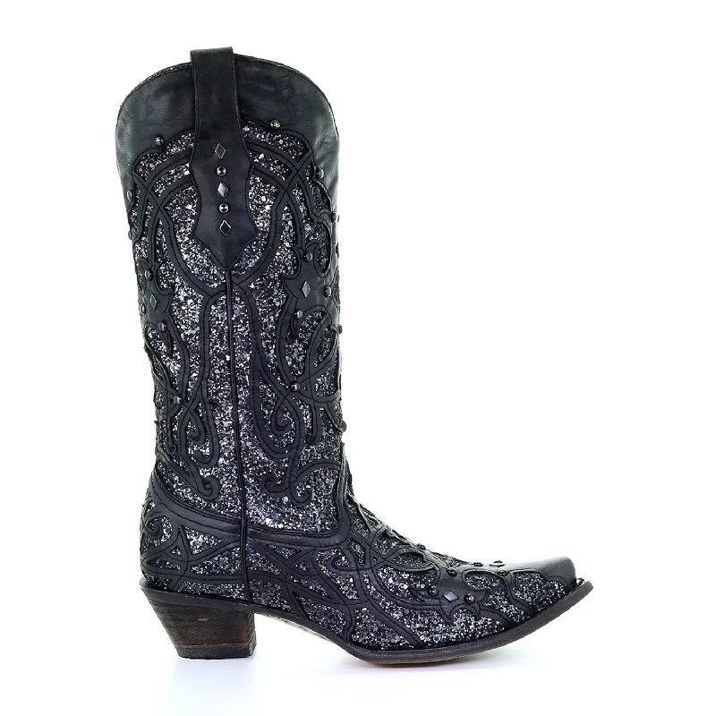 Men's Durable Boots Corral Womens Glittered Inlay Cowboy Boots Leather Black/Grey