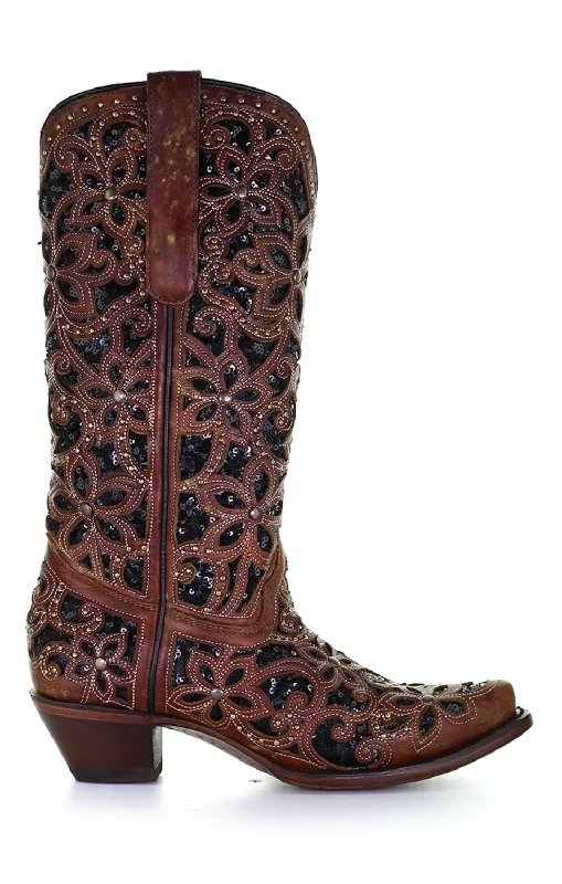 Men's Versatile Boots Corral Womens Inlay Embroidery Cowboy Boots Leather Tan/Black
