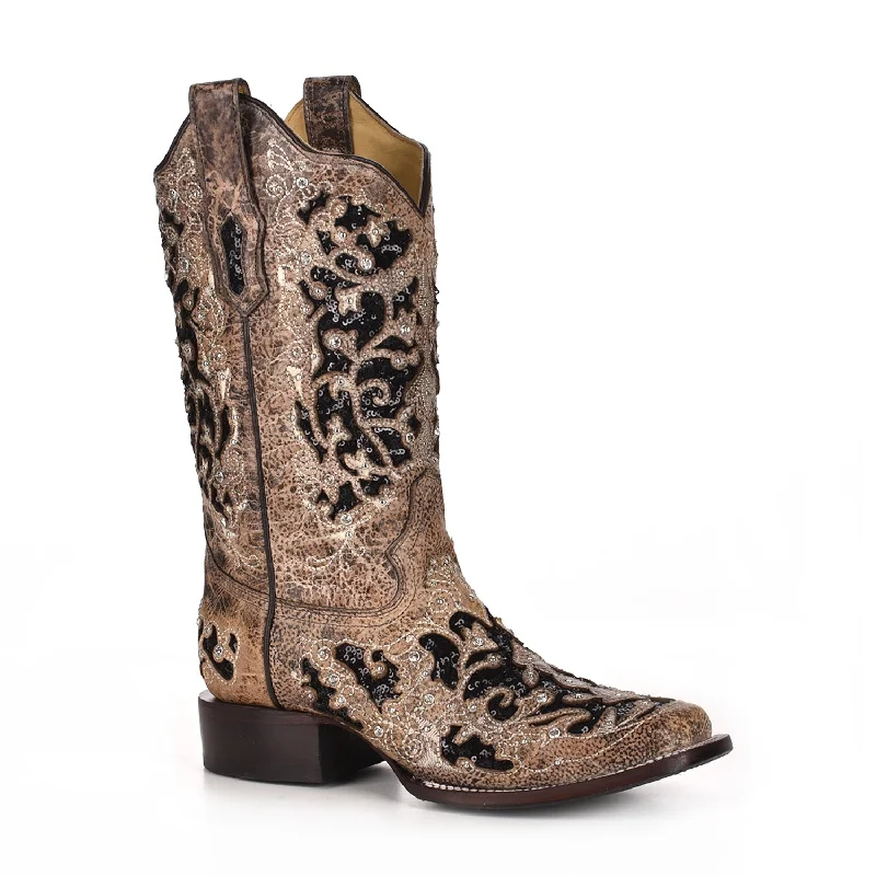 Men's Durable Shoes Corral Womens Sequin Inlay Cowboy Boots Leather Tan