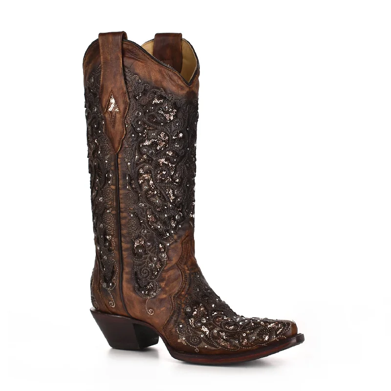 Men's Shock-Absorbing Shoes Corral Womens Shimmer Inlay Cowboy Boots Leather Cognac