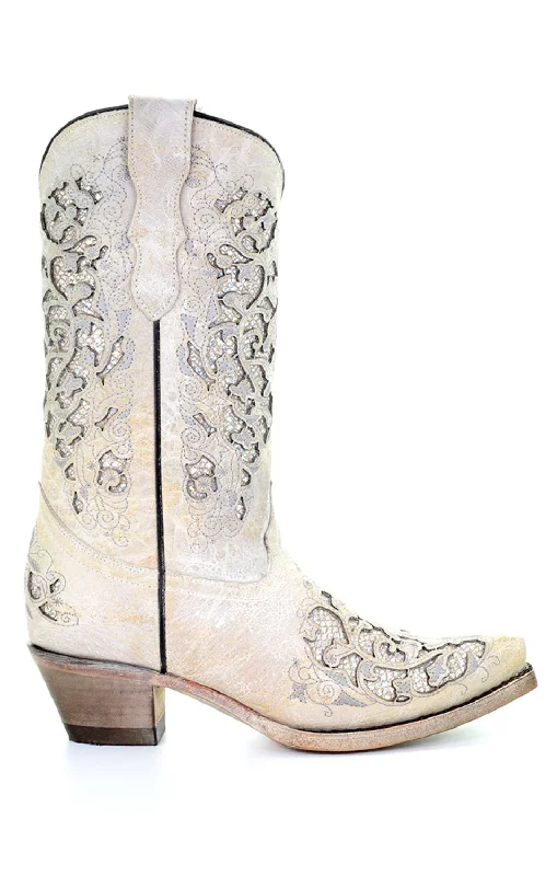 Men's Elegant Shoes Corral Youth Girls T0021 White Leather 11in Glitter Inlay Cowboy Boots Men's Elegant Shoes Corral Youth Girls T0021 White Leather 11in Glitter Inlay Cowboy Boots