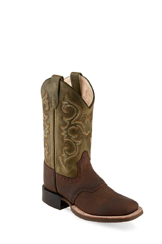Men's Comfortable Shoes Old West Brown/Green Children Boys Leather Cowboy Boots 2D